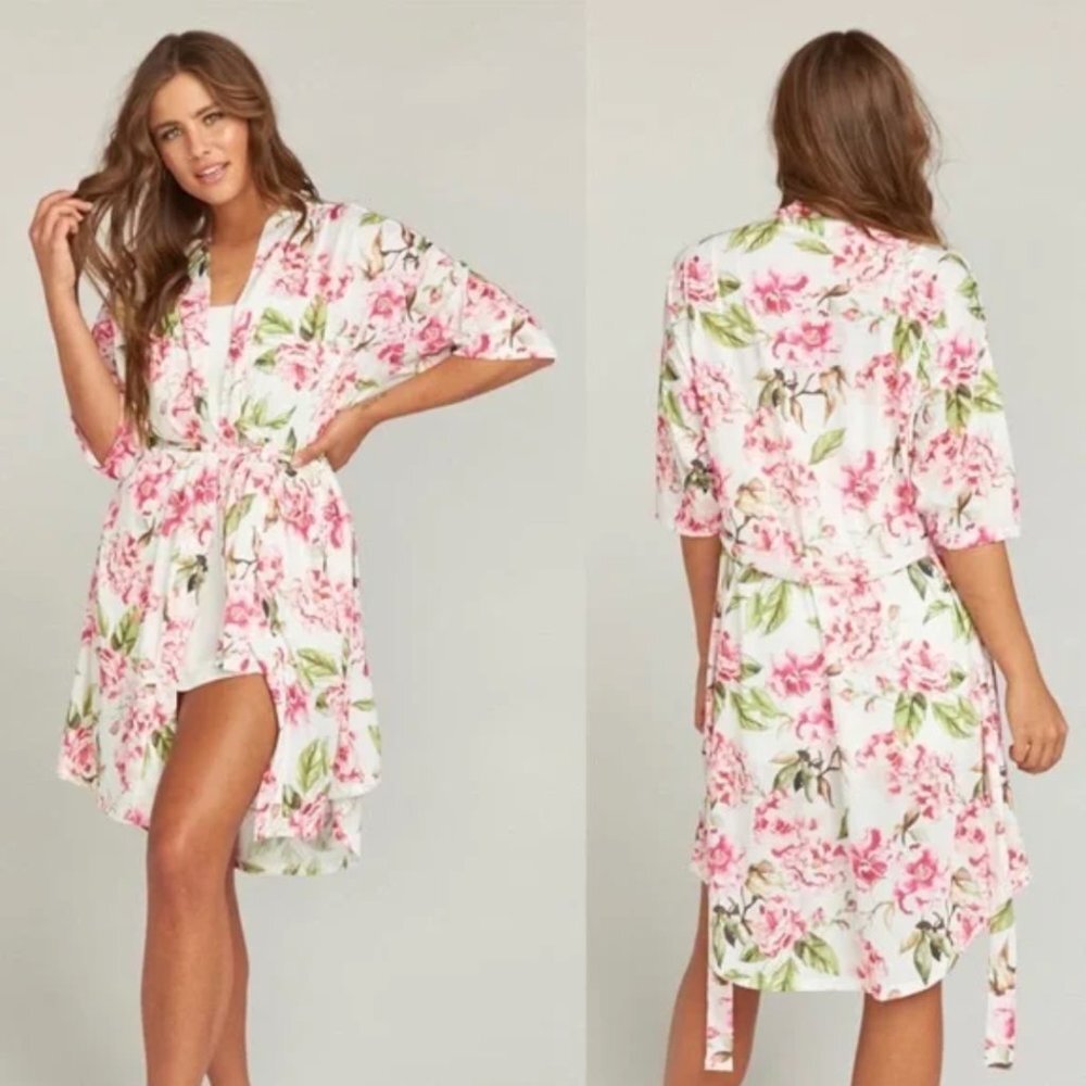 Floral Kimono Robe - White & Pink